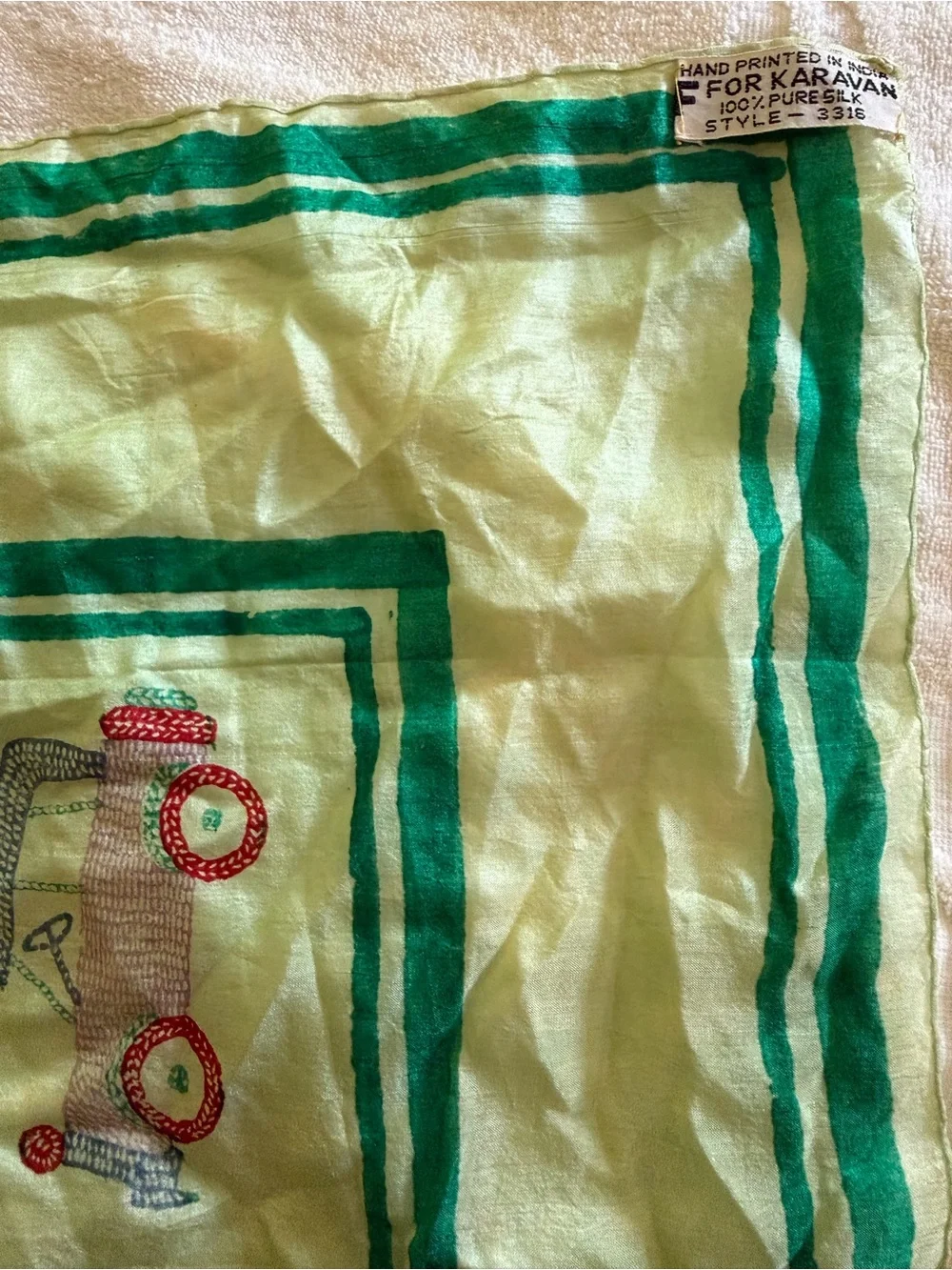 Vintage 1960s Karavan Silk Square Scarf Hand Printed in India Style Novelty Car